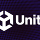 A screenshot shows the Unity logo in white on a blue and black grid background.